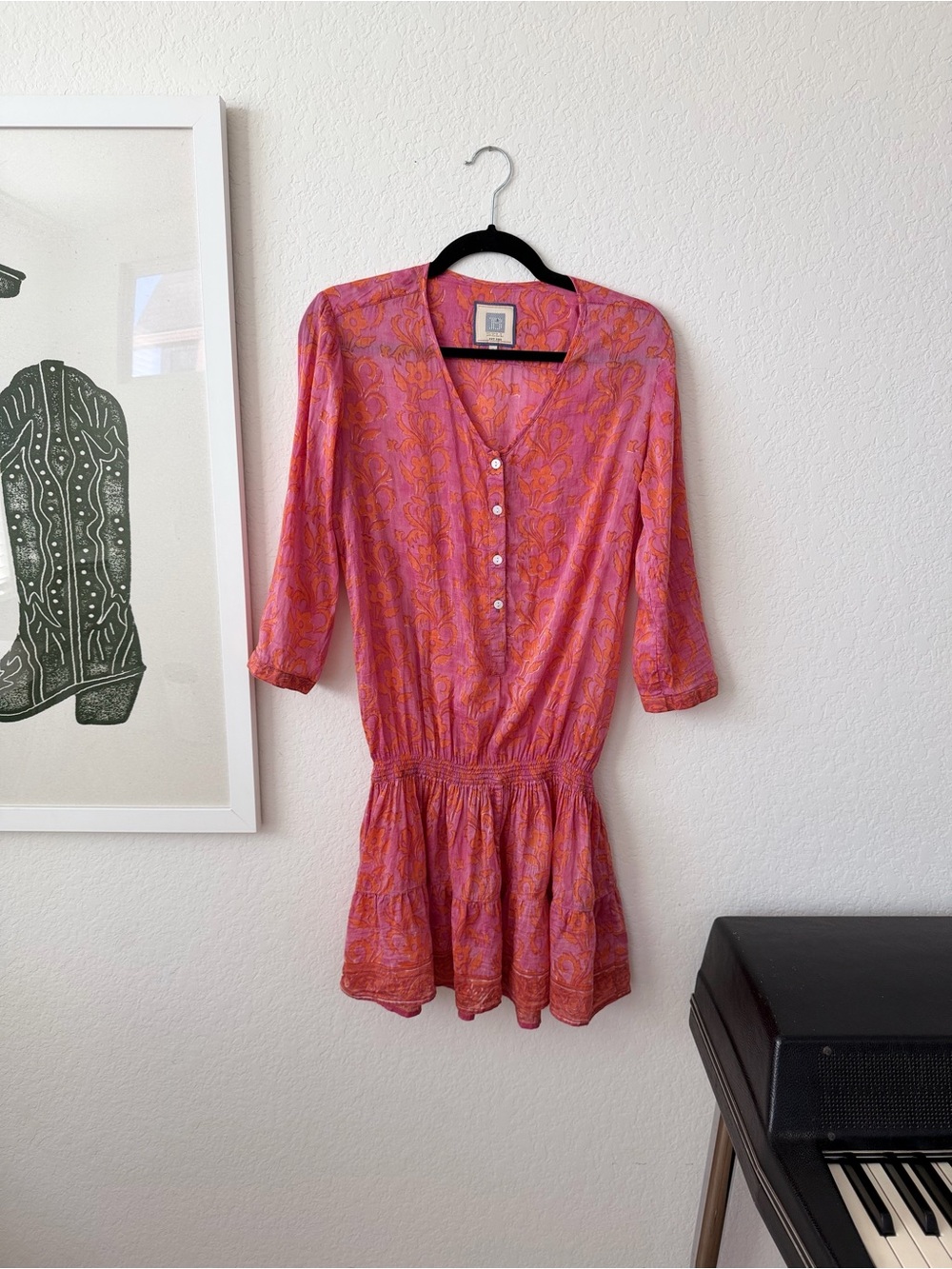 Pink Patterned V-Neck Smocked Waist Mini Dress Drop Waist